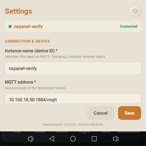 On-device settings screen